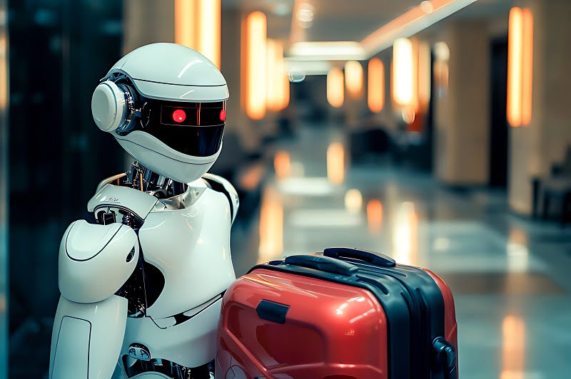 robot color blanco con un maleta color roja